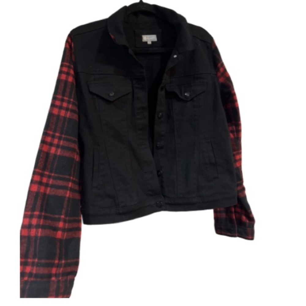 Tractr Black Denim Jacket with Red Plaid Accents